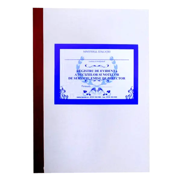 Registru evidență decizii și note de serviciu emise de director A4 200 pagini copertă carton subțire Registru evidență decizii și note de serviciu emise de director A4 200 pagini copertă carton subțire