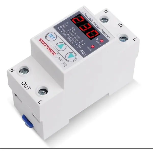 Releu monofazic protectie tensiune, Sinotimer, 63A, ecran digital LED, recuperare automata, SVP-912-63A