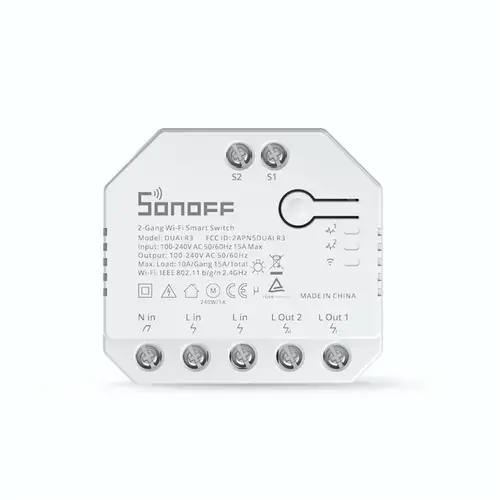 Releu Sonoff Dual R3 cu 2 canale, Programari, Wi-Fi 2.4 GHz, Contor energie (Alb)