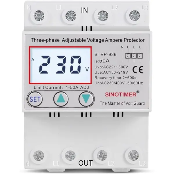 Releu TRIFAZIC siguranta digitala de protectie tensiune, Sinotimer, 380V, 1- 50A, STVP-936-50A, recuperare automata