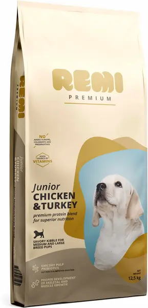 REMI Premium JUNIOR Medium & Large, cu Pui şi Curcan 12,5kg