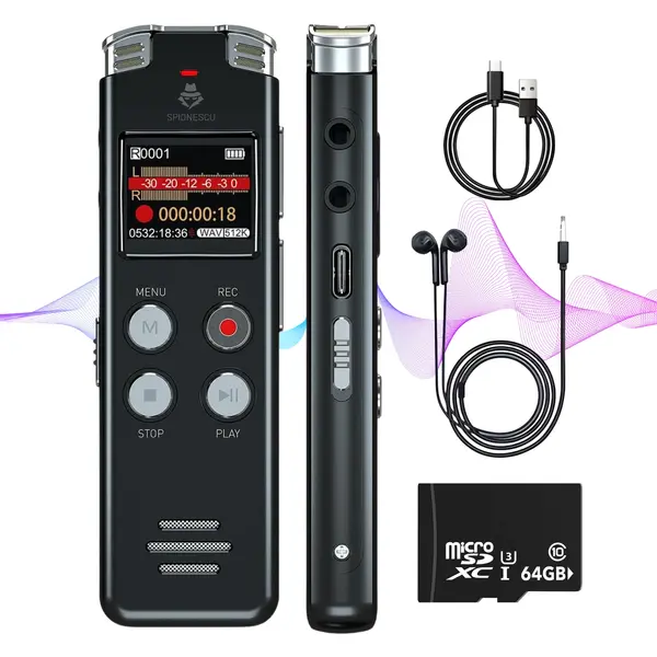 Reportofon digital cu activare vocala, L357, 64 GB, autonomie 20 ore, redare 35 ore, functie MP3 player, anulare a zgomotului, negru