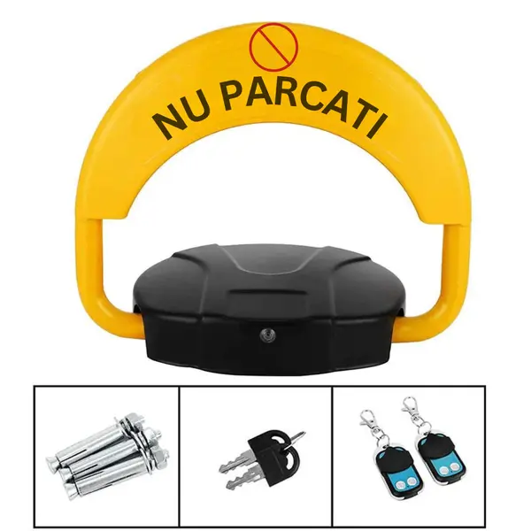 RESIGILAT Blocator loc parcare automat, cu 2 telecomenzi si alarma, suporta 2 tone, Galben/Negru, rezistent intemperii