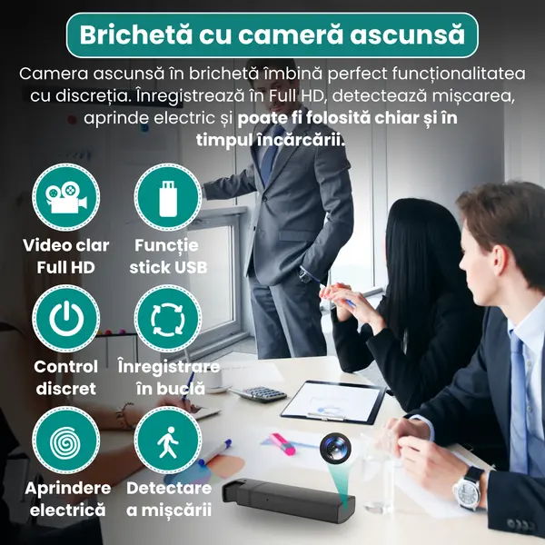 RESIGILAT - Bricheta cu camera ascunsa, functie reala de aprindere electrica, inregistrare video Full HD 1080p, detectare miscare, inregistrare in bucla