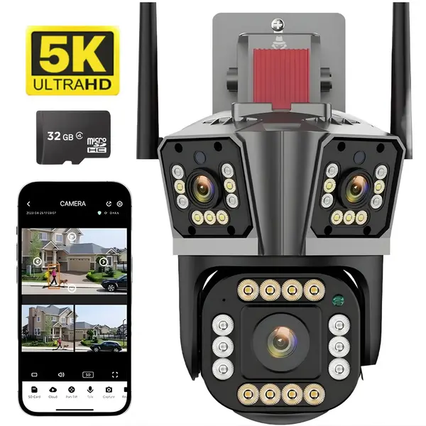 RESIGILAT - Camera de supraveghere tripla 5K, WIFI, 12MP, 32 GB, PTZ, CCTV, zoom 10x