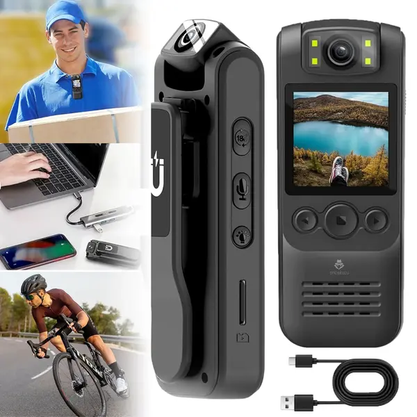 RESIGILAT - Camera video corporala, body cam 1080P, WiFi HotSpot, baterie 1300 mAh, unghi larg de 180°, lanterna integrata, dimensiuni compacte 9.9 x 2.5 x 3.8 cm, design portabil, inregistrare discreta