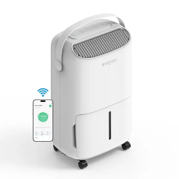 - Resigilat! Dezumidificator evoair, NovaDry 12 Smart, 12l/24h, Senzor de Umiditate, Functie Ionizare, Uscare Rufe, Rezervor 2.5l, Lampa UVC, Alb, Curea Crem