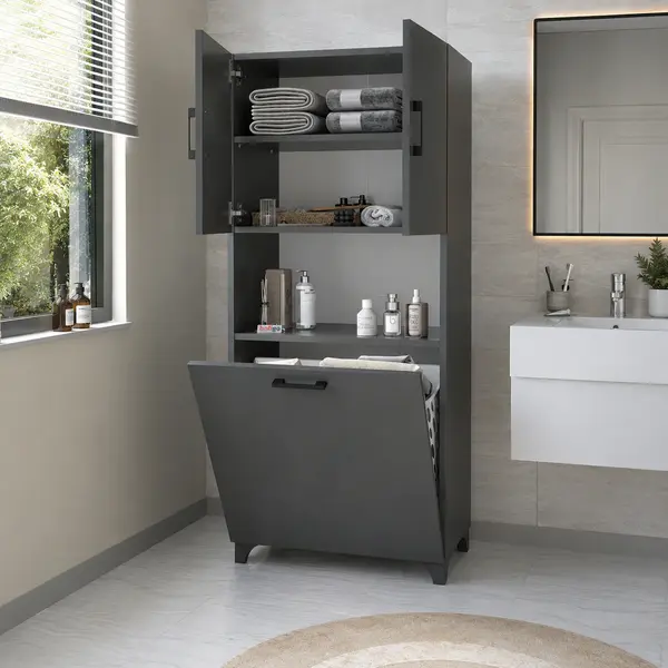 RESIGILAT - Dulap multifunctional pentru baie sau bucatarie, cu spatiu pentru cos de rufe, 60 x 33,8 x 153,6 cm