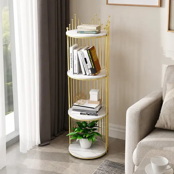 RESIGILAT - Etajera decorativa rotunda cu 4 niveluri, cadru auriu si polite albe, 32 x 32 x 95 cm