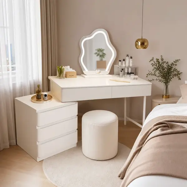 RESIGILAT - Masa de machiaj eleganta cu oglinda LED, sertare multiple, design modern 100 x 74 cm, alb