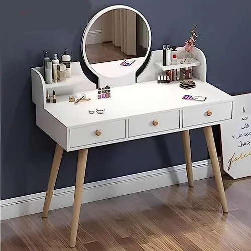 RESIGILAT - Masa de toaleta cu oglinda 100x120x40 cm design modern alba cu sertare si rafturi