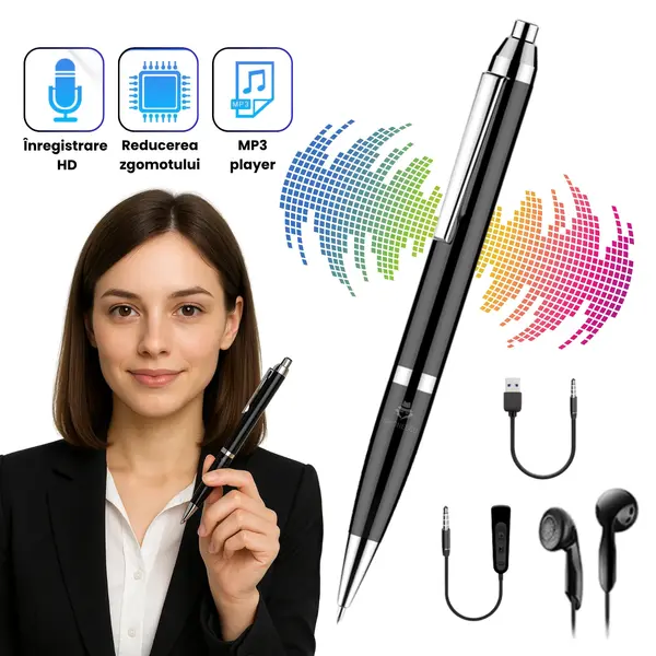 RESIGILAT - Pix cu microfon ascuns, autonomie mare, MP3 Player, negru - Q90 - 16 GB