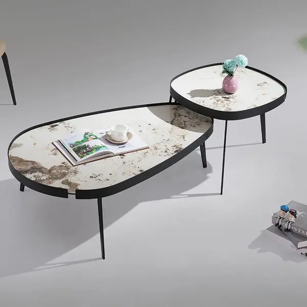 RESIGILAT - Set 2 Masute de Cafea Moderne din Piatra Sinterizata, Finisaj Lucios, Rezistente la Caldura si Pete, Design Elegant pentru Living