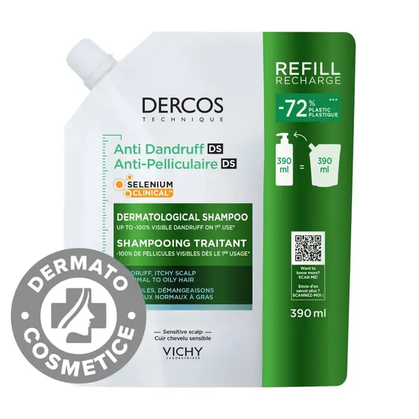 Rezerva Eco Sampon anti-matreata pentru par normal si gras Dercos, 390ml, Vichy