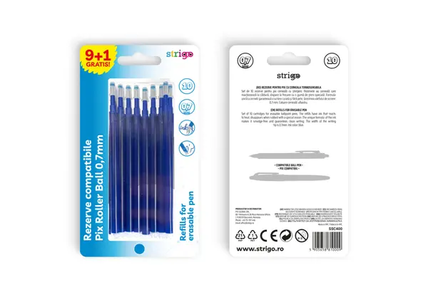 Rezerve pentru pix cu stergere Strigo Petite, 0.7 mm, albastru, 10 bucati set