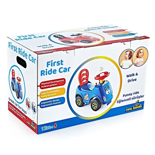 Ride-On pentru copii fara pedale First Ride Red recomandat copiilor de la 12 luni, spatar cu functie de impingere, spatiu de depozitare jucarii sub scaun