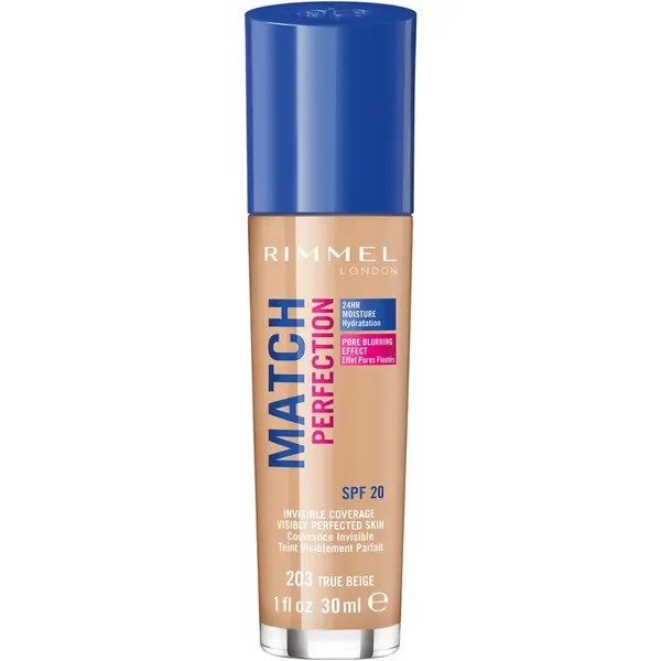 Rimmel Match Perfection fond de ten lichid SPF 20 culoare 203 True Beige 30 ml