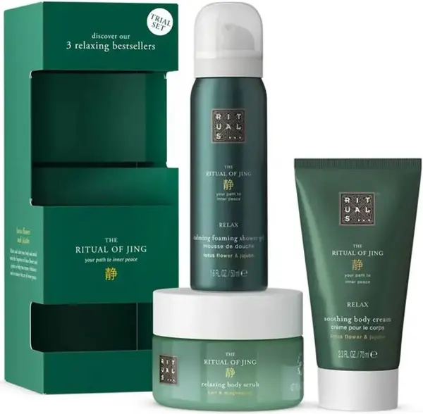 Rituals The Ritual Of Jing Set - Scrub, cremă de corp și gel de duș, 125 g + 70 + 50 ml