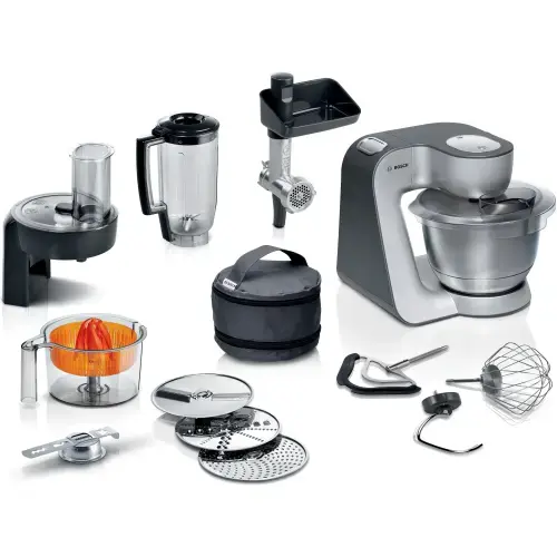 Robot de bucatarie Bosch MUM5935B, 1000 W, 7 viteze, bol 3.9 l, blender, masina de tocat, Mixare planetara 3D (Argintiu/Negru)