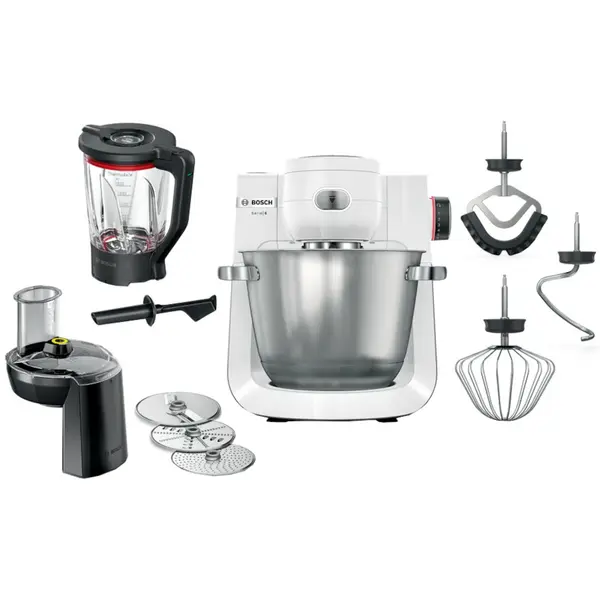 Robot de bucatarie Bosch Seria 6 MUMS6EW22, 1600 W, 7 viteze + Pulse, Mixare planetara 3D, Bol 5.5 l, Blender ThermoSafeglass 2.3 l, Aplicatie Home Connect