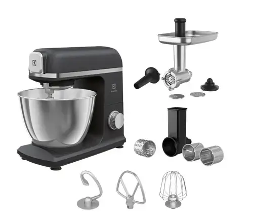 Robot de bucatarie Electrolux E5KM1-6GBP, 1200 W, 6 trepte de viteza, Functie Pulse, Corp metalic, Bol inox 5 L, Masina de tocat carne, Accesoriu razuire/ feliere (Negru/Gri)