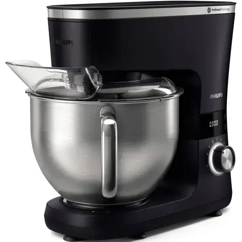 Robot de bucatarie Philips HR7962/01 seria 7000, 1000 W, 8 viteze, Tehnologie ProKnead, Sistem de amestecare perfecta, Carlige pentru aluat, paleta si tel, Castron 5.5 l, Capac antistropire, Cronometru inteligent cu LED (Negru/Argintiu)