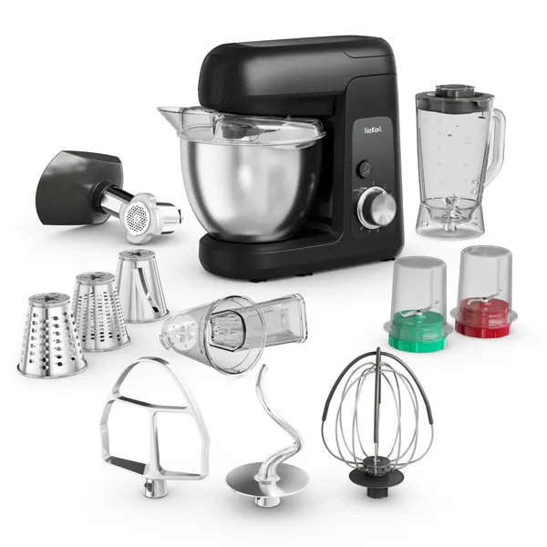Robot de bucatarie Tefal Bake Partner QB525838, 1100 W, 4.6 L, blender 1.25 L, 8 viteze, functie Pulse, capacitate aluat paine 800 g, capacitate aluat prajituri 1.8 Kg, negru