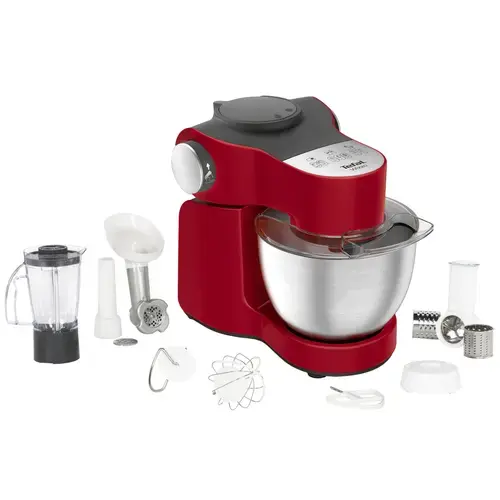 Robot de bucatarie Tefal Wizzo QB317538, 1000 W, Flex Whisk, Set pentru patiserie, Bol din inox, Tocator, Blender, Rosu/Inox