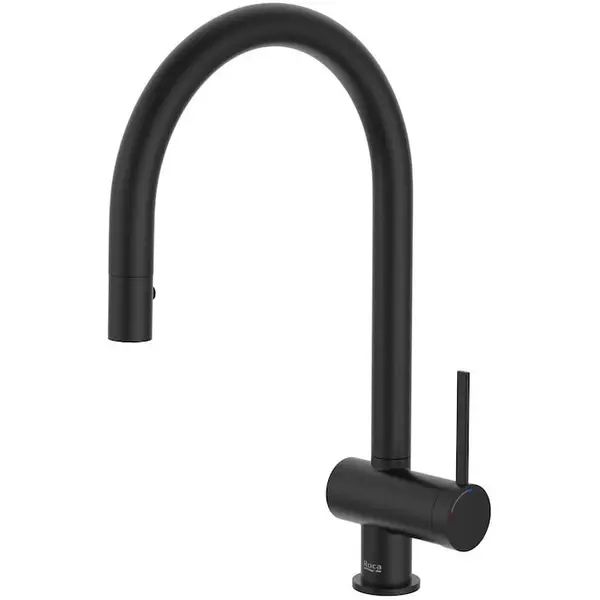 Roca Baterie bucatarie Roca, Gama Ona A5A811FNB0, pipa inalta, tip U, monocomanda, pivotanta, dus extractabil, 2 functii, negru