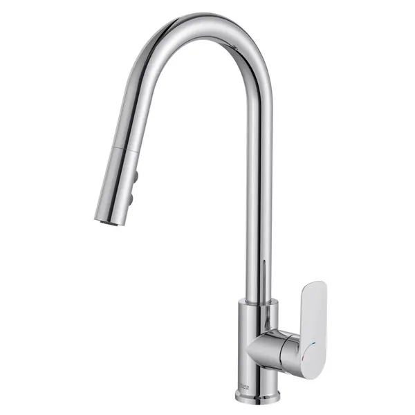 Roca Baterie sanitara bucatarie Roca, Gama Cala, pipa inalta, monocomanda, pivotanta, dus extractabil, 2 functii, crom