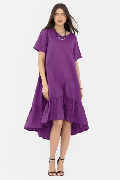 Rochie A-line din poplin, asimetrica, cu volan la baza, mov