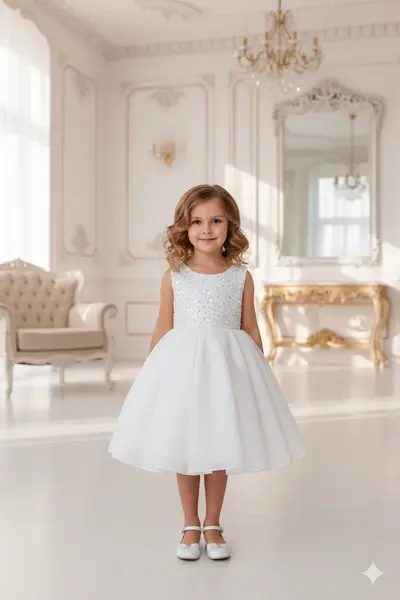 Rochie alba eleganta din dantela si organza pentru fete - Agnes