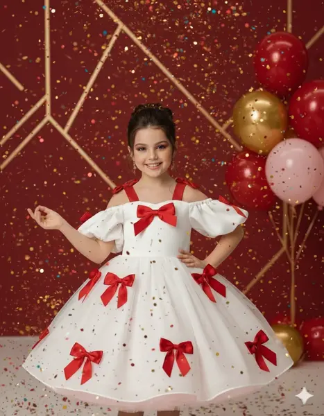 Rochie alba eleganta din tafta cu fundite roz pentru fete - Berta