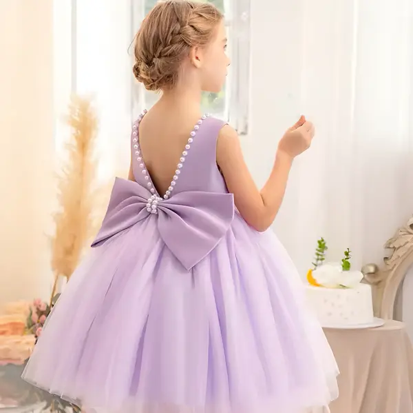 Rochie alba eleganta pentru fete, cu fundita si perle - Luna