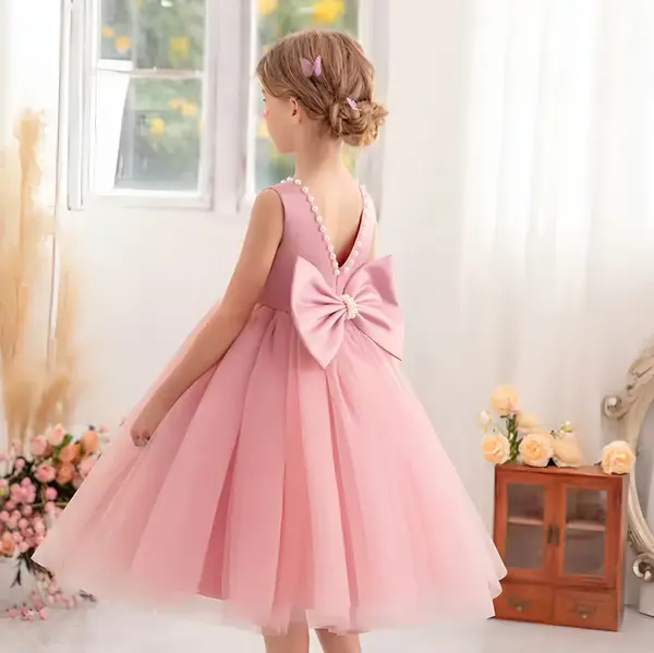 Rochie alba eleganta pentru fete, cu fundita si perle - Luna