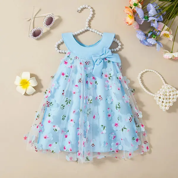 Rochie Albastra Fetite cu Floricele Valeria - 6-9 luni