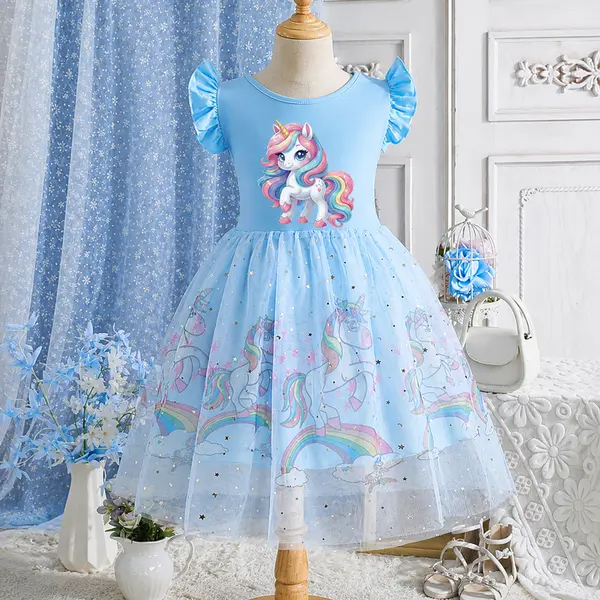 Rochie Albastră Fetite cu Unicorni Beatrice - 3-4 ani