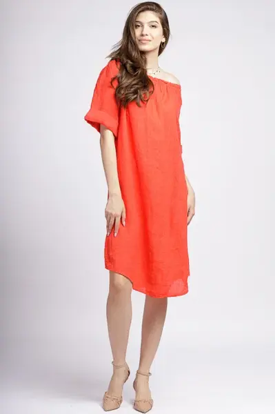 Rochie asimetrica din in corai, cu decolteu pe elastic