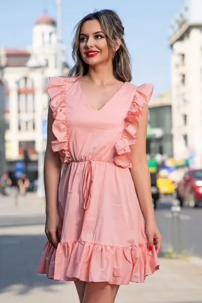 Rochie Atmosphere de vara din poplin somon cu volanase