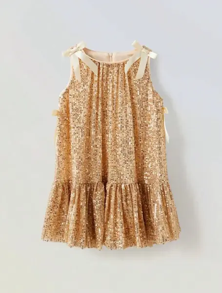 Rochie aurie din paiate accesorizata cu fundite pentru fete - Sara