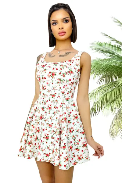 Rochie babydoll MARA, cu funda la spate si imprimeu floral, Alb, Marime S/M/L
