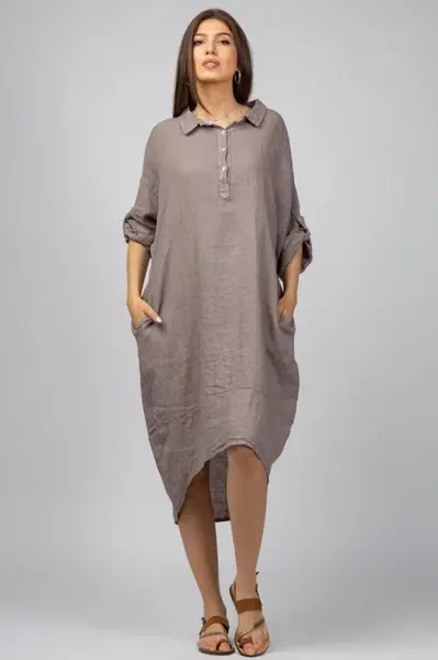 Rochie bej din in Stella Milani cu inel metalic pe spate