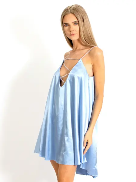 Rochie Bella, cu croi lejer tip clopot, decolteu in V si bretele din lant din Satin bleu