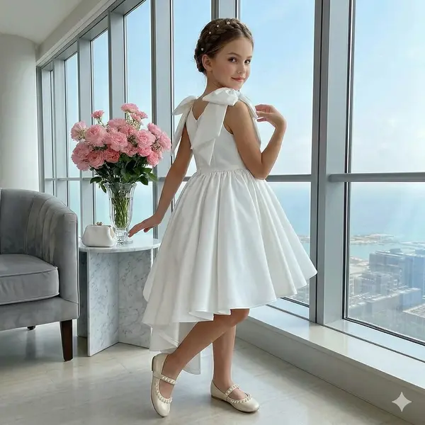 Rochie bleu eleganta cu trena din tafta pentru fete - Fiona
