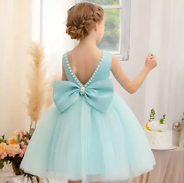 Rochie bleu eleganta pentru fete, cu fundita si perle - Luna