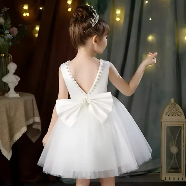 Rochie bleu eleganta pentru fete, cu fundita si perle - Luna