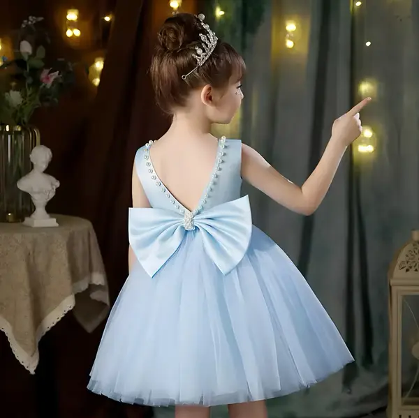 Rochie bleu eleganta pentru fete, cu fundita si perle - Luna