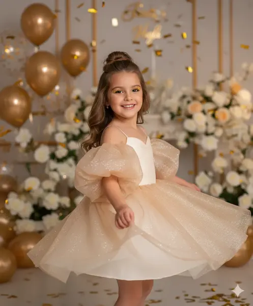 Rochie bleu eleganta pentru fete, din tulle cu glitter si maneci bufante - Eloise