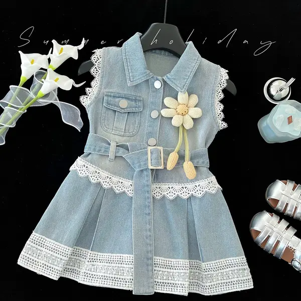 Rochie Blugi Fetițe Denim cu Dantelă Albă și Curea Victoria - 2-3 ani
