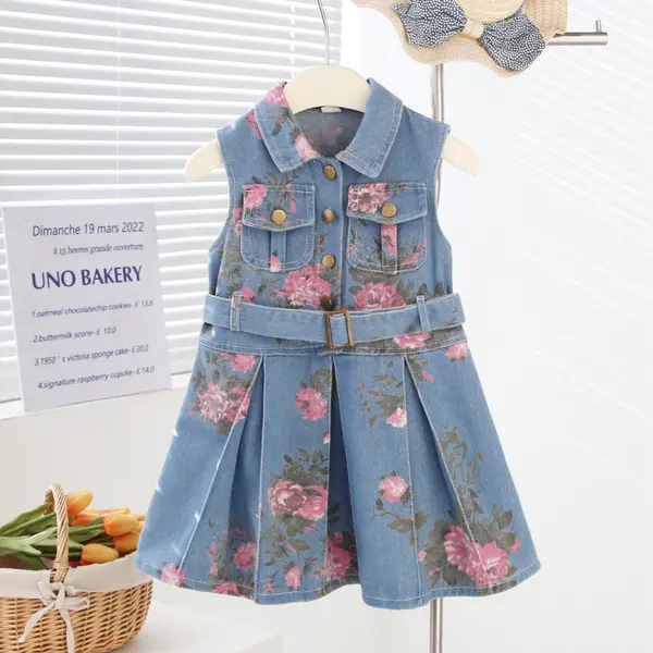 Rochie Blugi Fetițe Denim cu Imprimeu Roz și Curea Livia - 3-4 ani